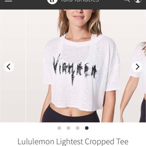 lululemon white cropped shirt that says vinyasa